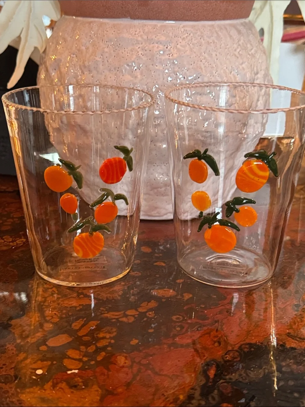Anthropologie (2) Glass Tumblers with Orange Fruit Motif